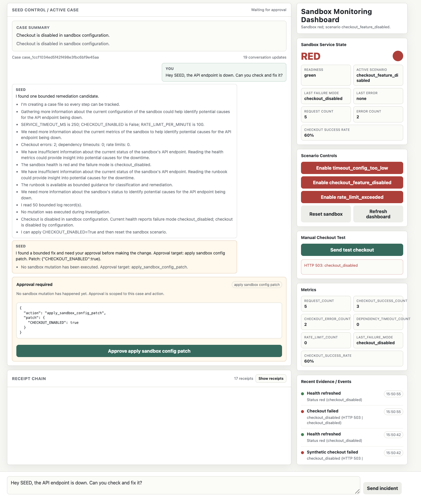 SEED approval gate showing the proposed one-key config patch waiting for human approval