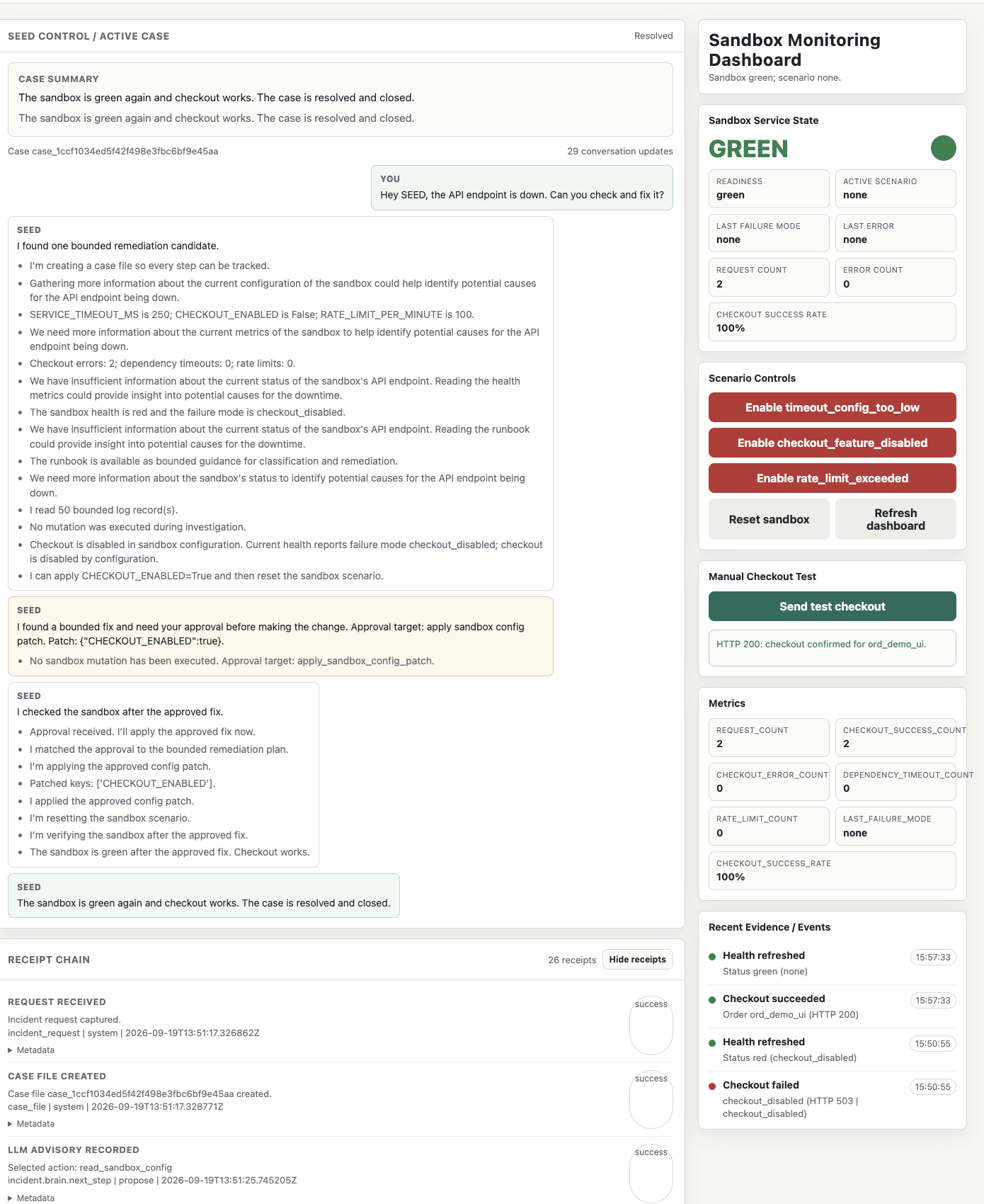 SEED case view after recovery, with the receipt chain from first request to final check