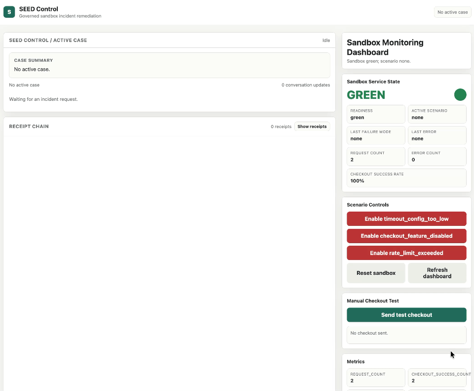SEED demo: a broken checkout service is investigated read-only, a single config fix waits at the approval gate, and recovery is verified.